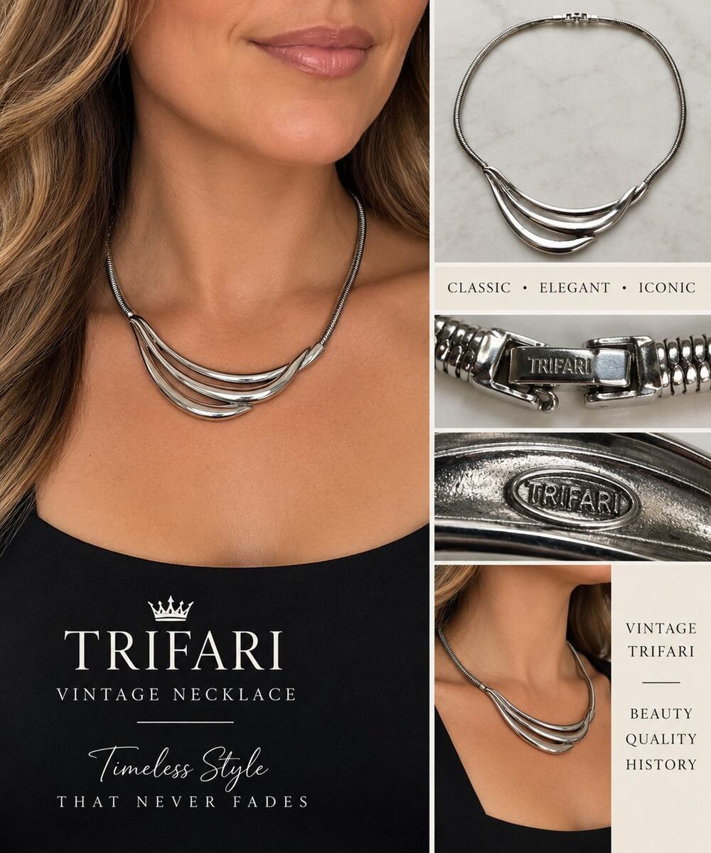 Vintage Trifari Silver Tone Modernist Triple Swoop Snake Chain Necklace 16"